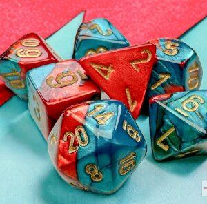 Gemini Mini-Polyhedral Red-Teal/gold 7-Die Set - DiceEmporium.com