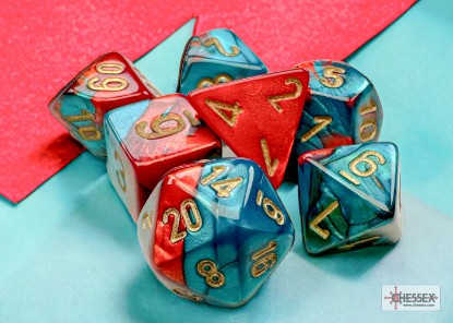 Gemini Mini-Polyhedral Red-Teal/gold 7-Die Set - DiceEmporium.com