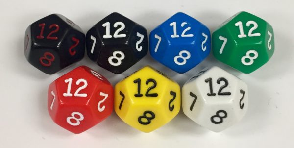 Koplow 12 Sided Opaque dice with numbers - available in 7 different colors