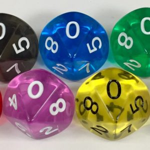 Koplow 10 Sided Transparent dice with numbers - available in 7 different colors