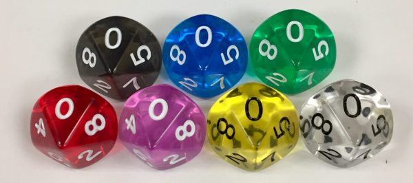Koplow 10 Sided Transparent dice with numbers - available in 7 different colors