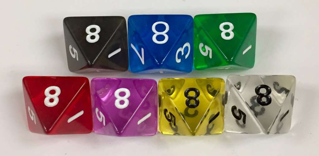 Koplow 8 Sided Transparent dice with numbers - available in 7 different colors