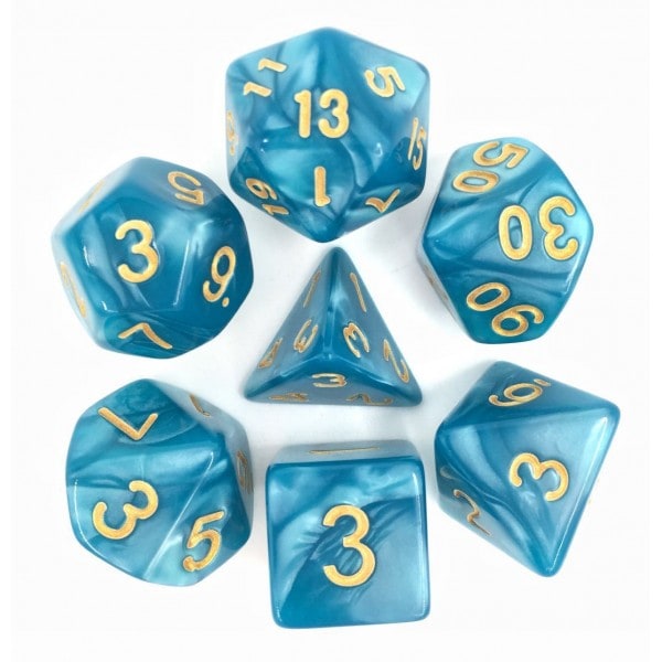 Lake Blue Pearl (Golden Font) Dice Set - DiceEmporium