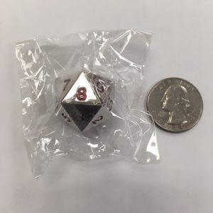 20 Sided Metal Silver Dice with Red Ink. 22mm in size