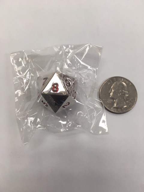 20 Sided Metal Silver Dice with Red Ink. 22mm in size