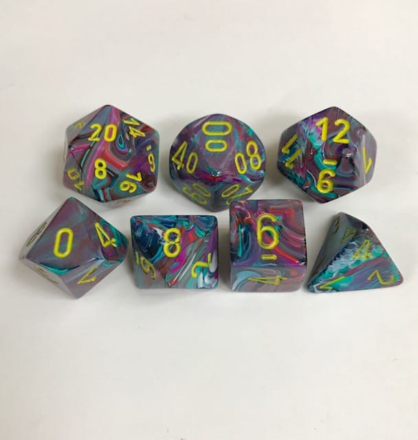 Set of 7 Polyhedral Dice from Chessex. Festive Mosaic Color with Yellow Numbers