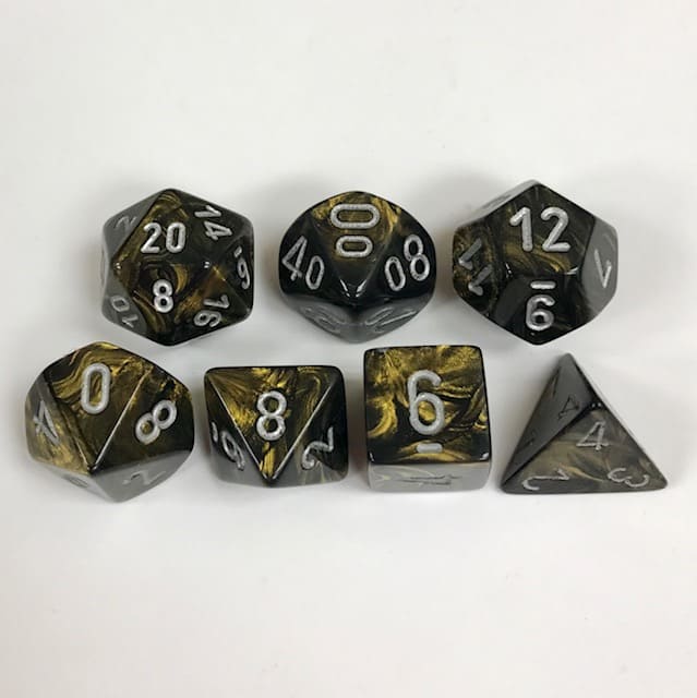 Set of 7 Polyhedral Dice from Chessex. Leaf Black and Gold Color with Silver Numbers