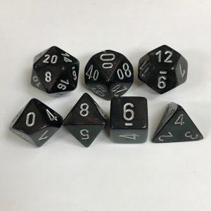 Signature Borealis Smoke with Silver Numbers. Polyhedral 7 Dice Set from Chessex