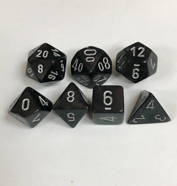 Signature Borealis Smoke with Silver Numbers. Polyhedral 7 Dice Set from Chessex