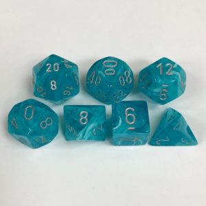 Set of 7 Polyhedral Dice from Chessex. Cirrus Aqua Color with Silver Numbers