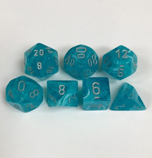 Set of 7 Polyhedral Dice from Chessex. Cirrus Aqua Color with Silver Numbers