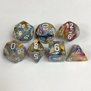 Signature Festive Carousel with White Numbers. Polyhedral 7 Dice Set from Chessex