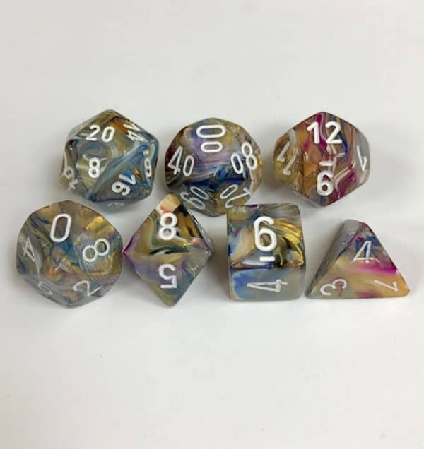 Signature Festive Carousel with White Numbers. Polyhedral 7 Dice Set from Chessex