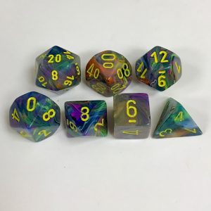 Signature Festive Rio with Yellow Numbers. Polyhedral 7 Die Set from Chessex