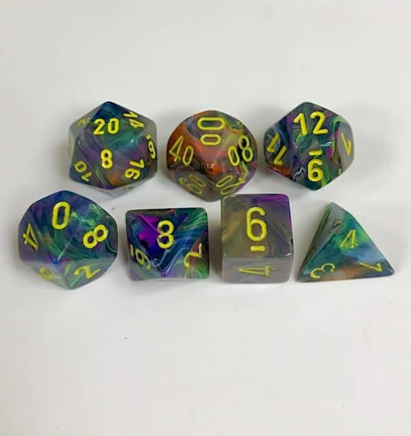 Signature Festive Rio with Yellow Numbers. Polyhedral 7 Die Set from Chessex