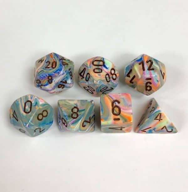 Signature Festive Vibrant with Brown Numbers. Polyhedral 7 Die Set from Chessex