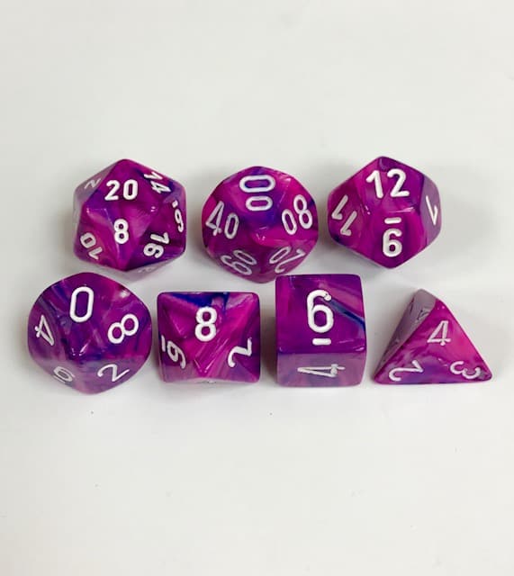 Signature Festive Violet with White Numbers. Polyhedral 7 Die Set from Chessex