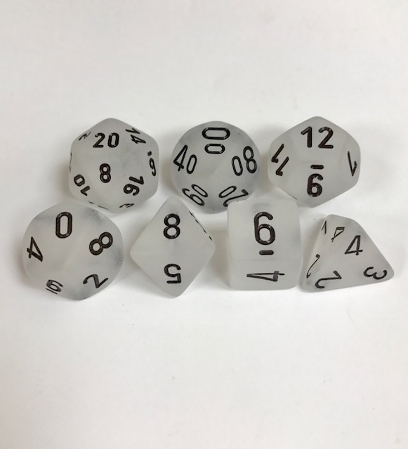 Signature Frosted Clear with Black Numbers. Polyhedral 7 Dice Set from Chessex