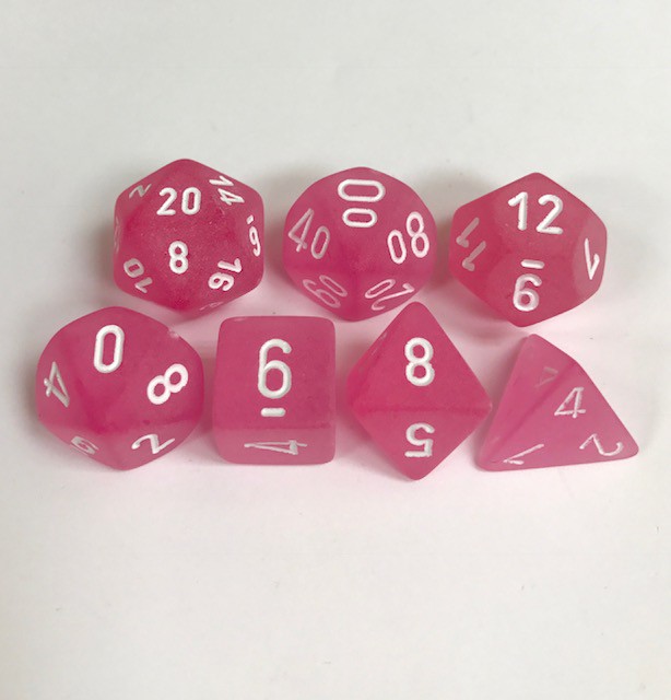 Signature Frosted Pink with White Numbers. Polyhedral 7 Die Set from Chessex