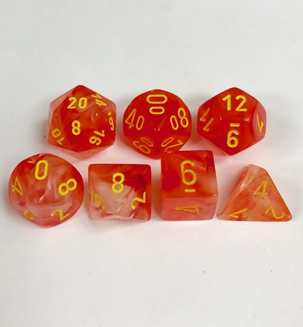 Signature Ghostly Glow Orange with Yellow Numbers. Polyhedral 7 Die Set from Chessex