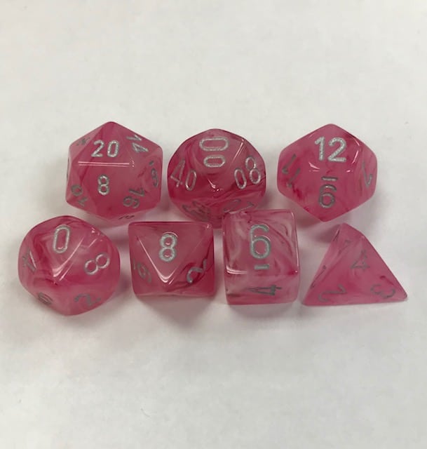 Signature Ghostly Glow Pink with Silver Numbers. Polyhedral 7 Die Set from Chessex