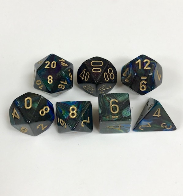 Signature Lustrous Shadow with Gold Numbers. Polyhedral 7 Die Set from Chessex