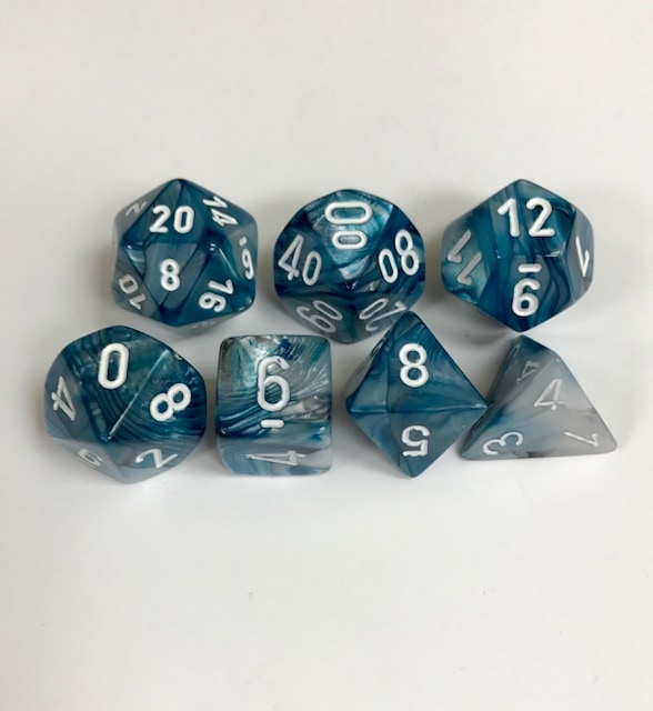 Signature Lustrous Slate with White Numbers. Polyhedral 7 Die Set from Chessex