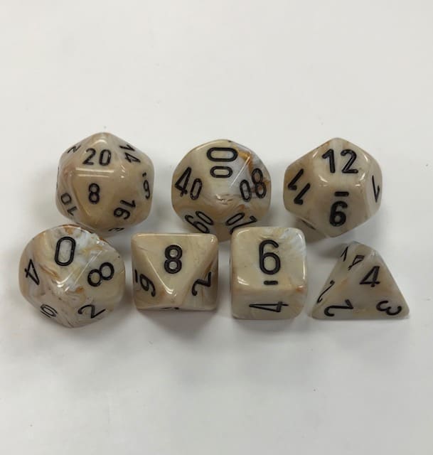 Signature Marble Ivory with black Numbers. Polyhedral 7 Die Set from Chessex