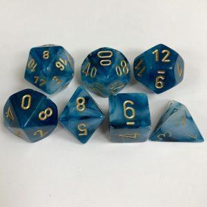 Signature Phantom Teal with Gold Numbers. Polyhedral 7 Die Set from Chessex