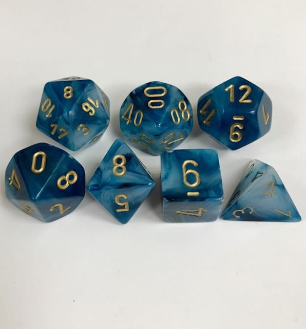 Signature Phantom Teal with Gold Numbers. Polyhedral 7 Die Set from Chessex