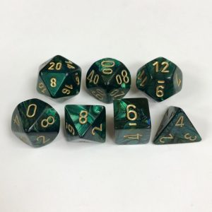 Signature Scarab Jade with Gold Numbers. Polyhedral 7 Die Set from Chessex