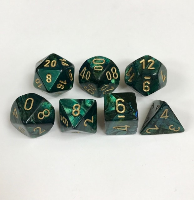 Signature Scarab Jade with Gold Numbers. Polyhedral 7 Die Set from Chessex