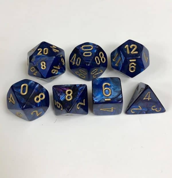 Signature Scarab Royal Blue with Gold Numbers. Polyhedral 7 Die Set from Chessex