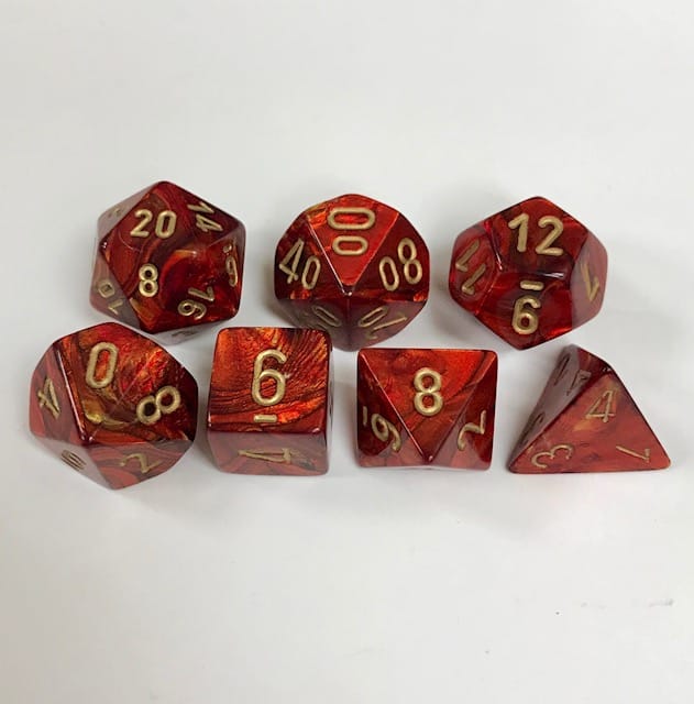 Signature Scarab Scarlet with Gold Numbers. Polyhedral 7 Die Set from Chessex