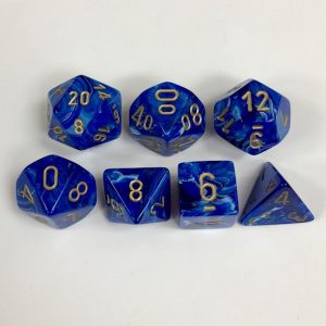 Signature Vortex Blue with Gold Numbers. Polyhedral 7 Dice Set from Chessex