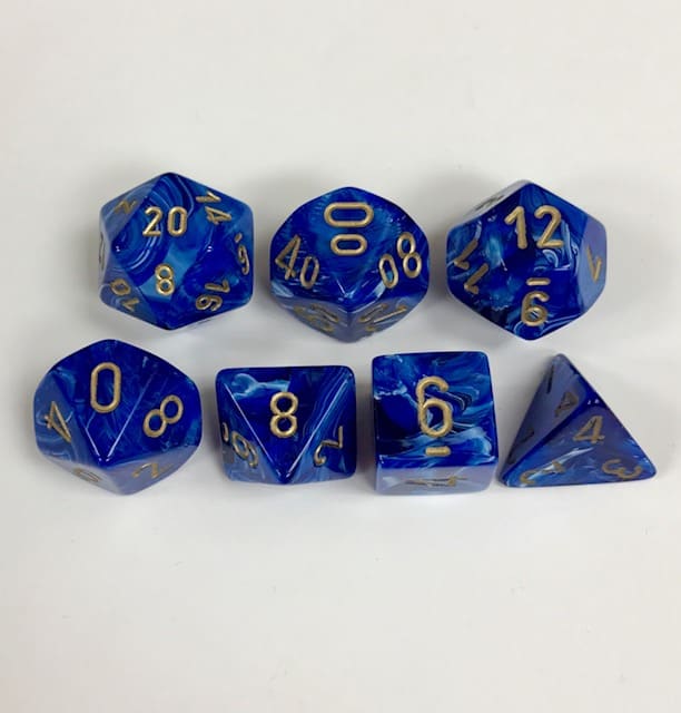 Signature Vortex Blue with Gold Numbers. Polyhedral 7 Dice Set from Chessex