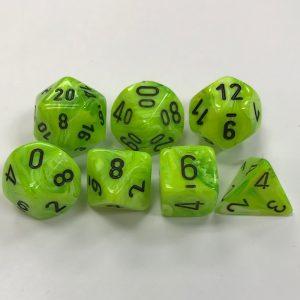 Signature Vortex Bright Green with Black Numbers. Polyhedral 7 Die Set from Chessex
