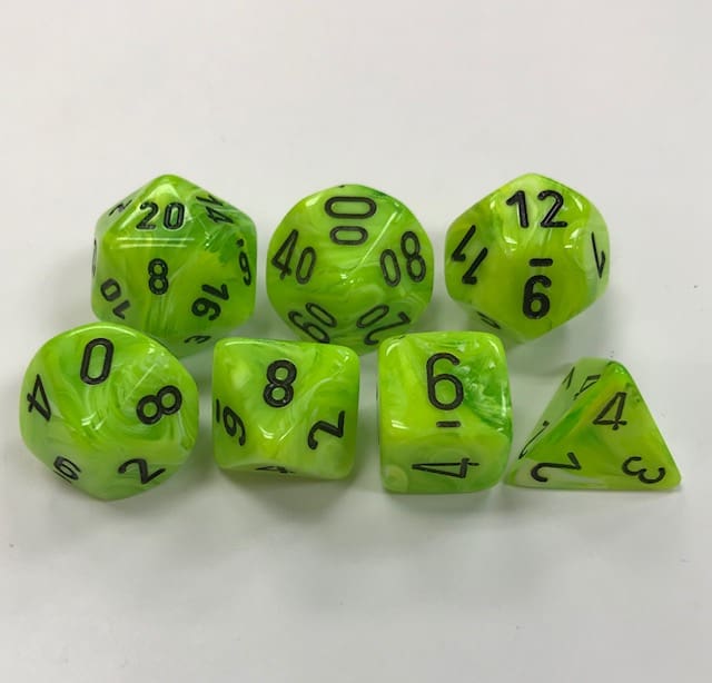 Signature Vortex Bright Green with Black Numbers. Polyhedral 7 Die Set from Chessex