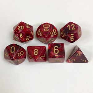 Signature Vortex Burgandy with Gold Numbers. Polyhedral 7 Dice Set from Chessex