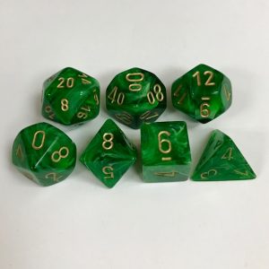 Signature Vortex Green with Gold Numbers. Polyhedral 7 Die Set from Chessex