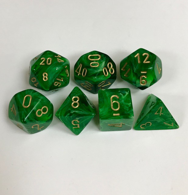 Signature Vortex Green with Gold Numbers. Polyhedral 7 Die Set from Chessex