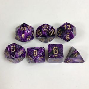 Signature Vortex Purple with Gold Numbers. Polyhedral 7 Die Set from Chessex