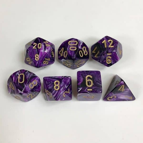 Signature Vortex Purple with Gold Numbers. Polyhedral 7 Die Set from Chessex