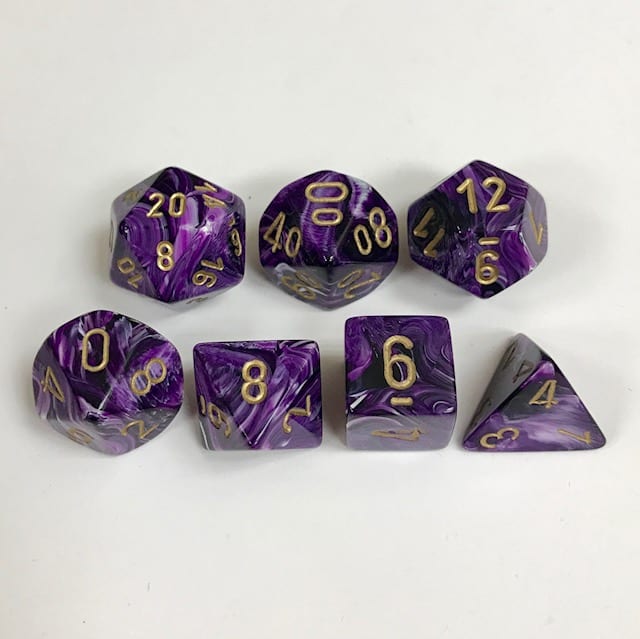 Signature Vortex Purple with Gold Numbers. Polyhedral 7 Die Set from Chessex