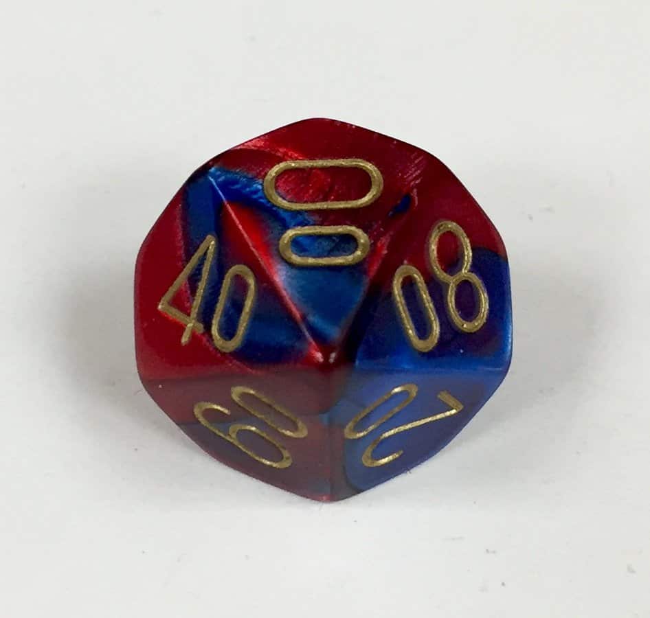 10 Sided Tens 10 Blue-Red w/gold Gemini Dice